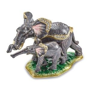 Pewter Bejeweled Crystals Gold-tone ELLA & ELI Mom & Baby Elephant Trinket Box